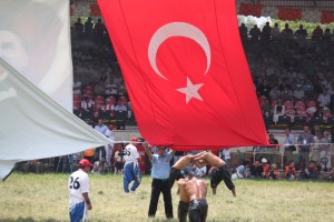 The Turkish flag accidentally fell, the wrestlers are in the match-start position.