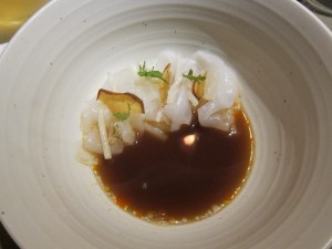 Squid with smoke engawa, crosnes, prawn broth, arrowhead
