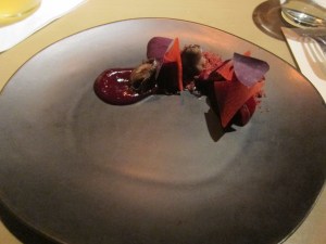 Heart Beets with duck hearts, beet crumbs, pickled roselle, oxalis, and beet condiment