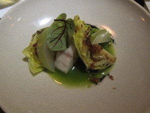 Cobia cooked to perfection with baby cabbage, Taiwanese smoked bacon, sorrel vinaigrette
